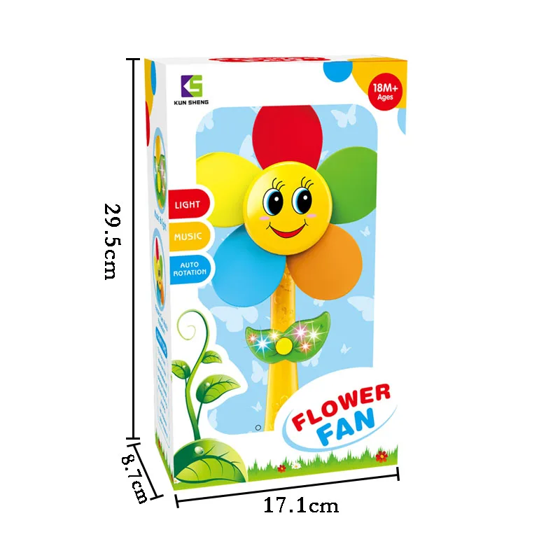 
2020 hot selling auto rotation flower windmill plastic blade music and light mini fan toy for kids 
