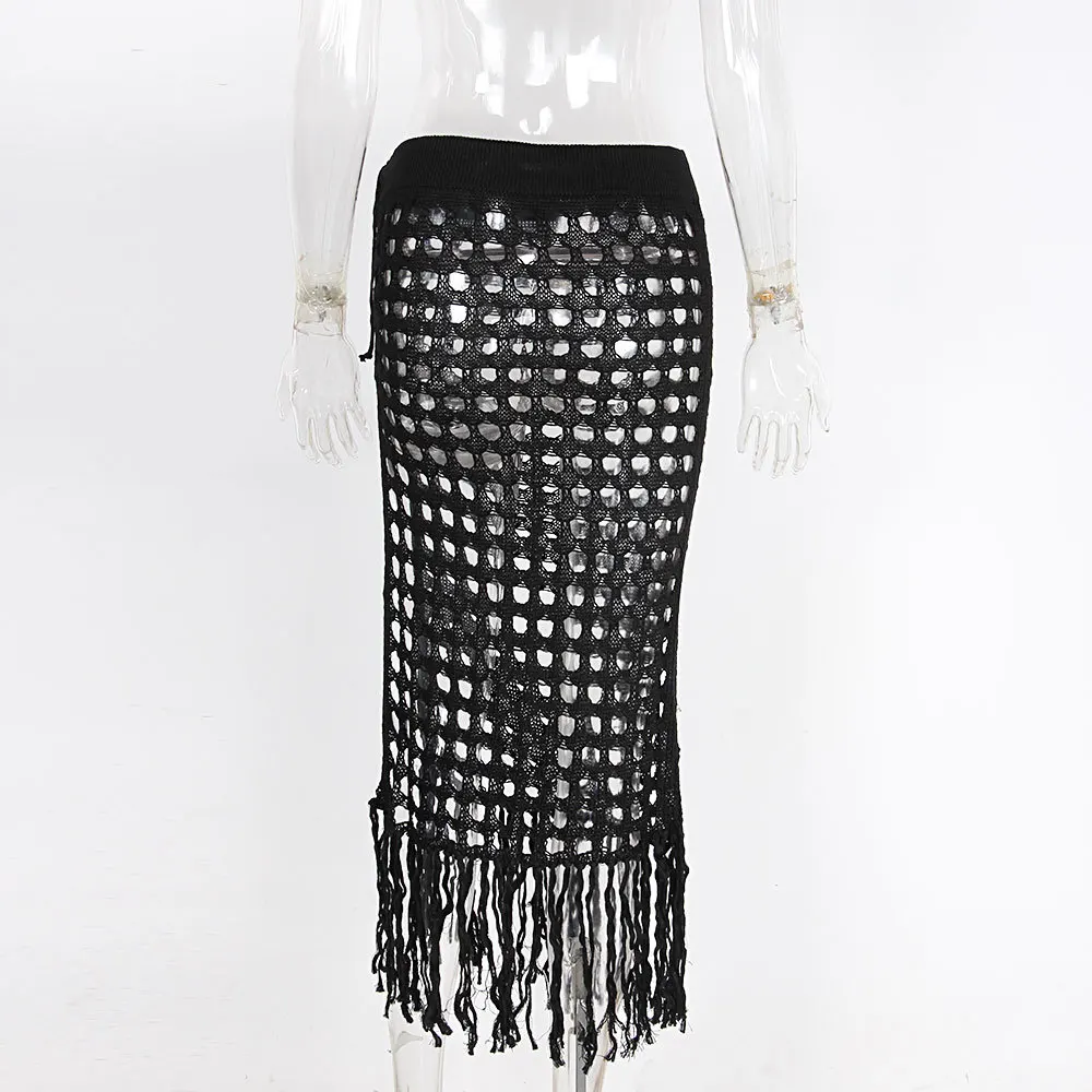 2022 Summer Beach Suntan Skirt Slit Bandage See-through Mesh Hollow Tassel Sexy Knit Skirts For Holidays