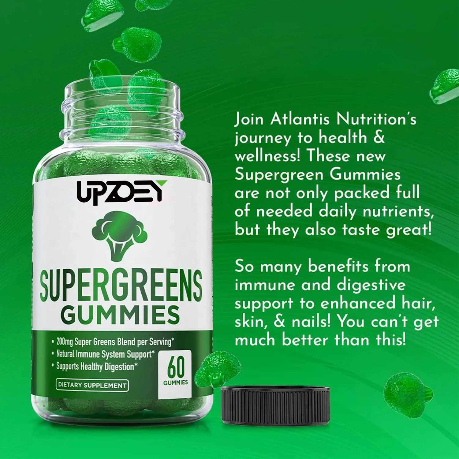 OEM organic Supergreens Gummies with Spinach, Broccoli, Moringa, Beet Root Boost Immune Health,Increase Digestion Healthy