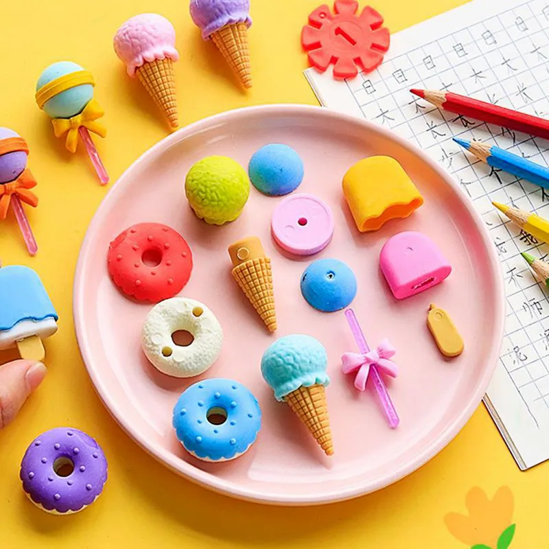 Cute Food Eraser Kawaii School Stationary 3D Custom Ice Cream Donut Dessert Fancy Kids Gift Rubber Eraser