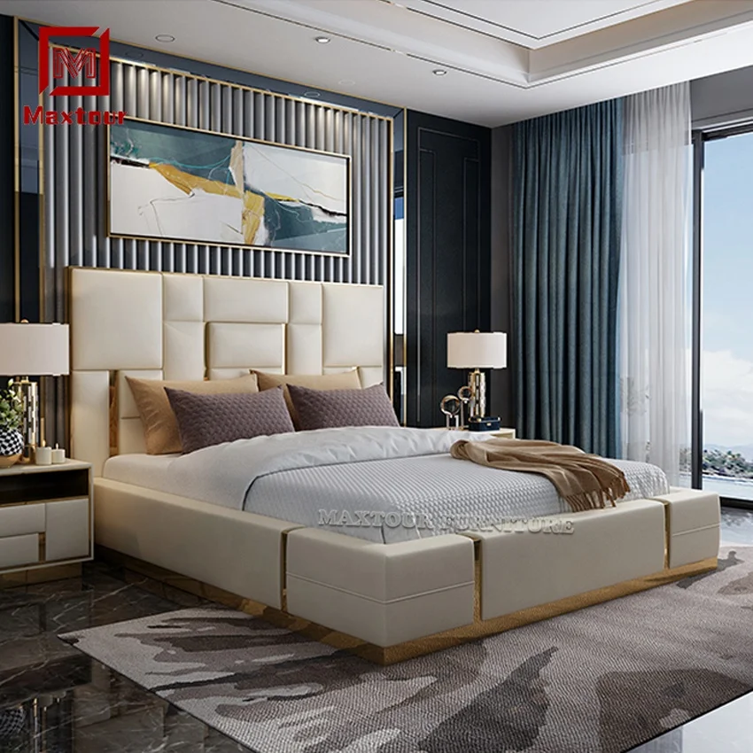 Italian Luxury Solid Wood King Size Bed With Night Stand White Master Bed Room Soft Home Bedroom Furniture Set