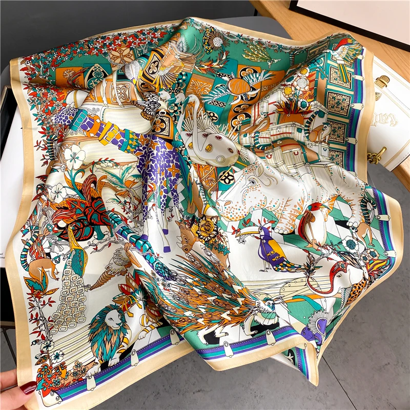 100% Real Silk Scarf Square Customized Design Women Summer Hair band Neckerchief Female Design Shawl FoulardWrap Bandana