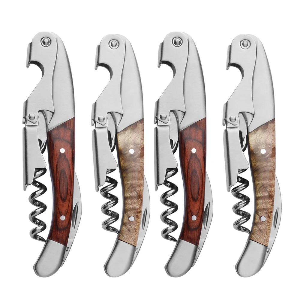 304 Stainless Steel&Wood Corkscrew Portable Custom Logo Beer Bottle Corkscrew Multifunction Wine Opener