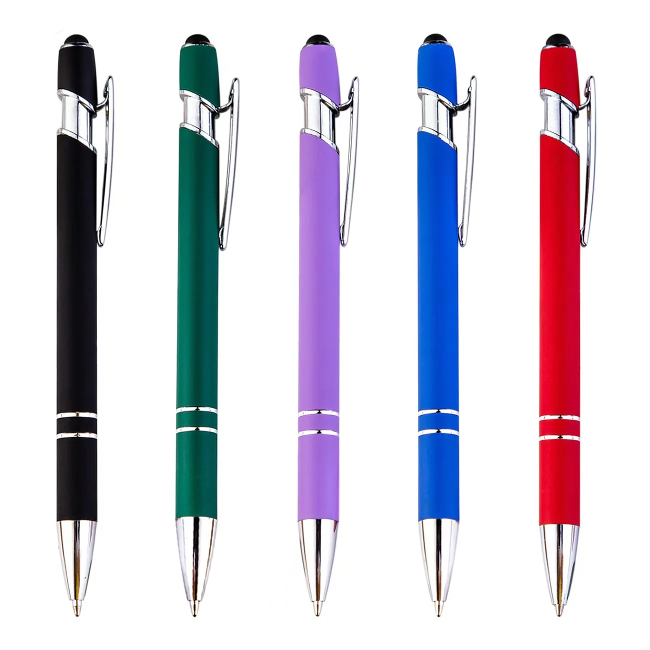 2024 Low MOQ Manufacture Soft Touch Click Ball Pen Stylus Laser Engraved Silicone Coating Aluminum Rubber Finish Sports Logo