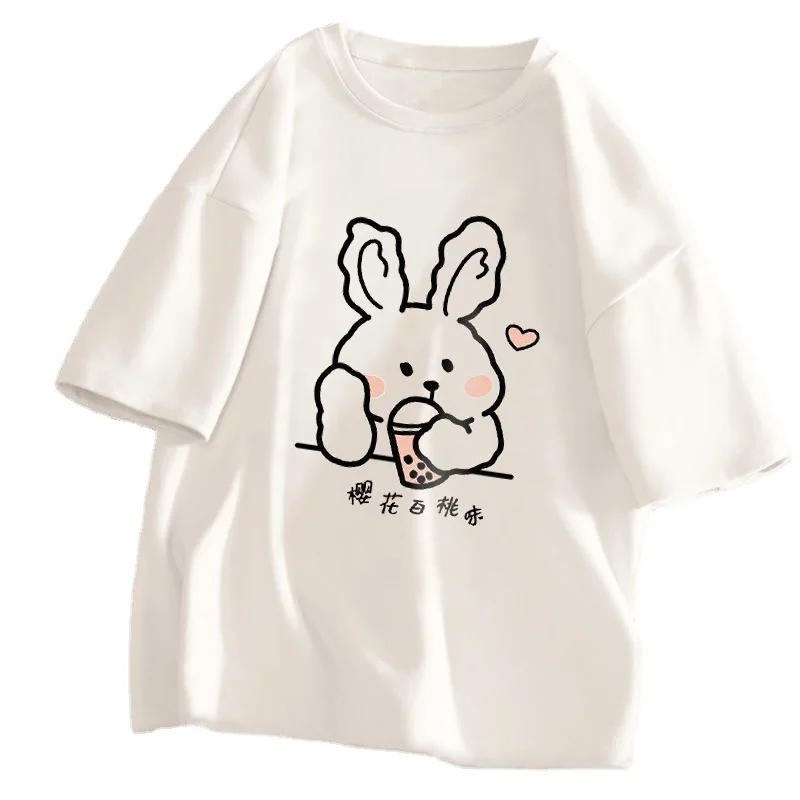 2022 Summer New Korean Version Round Neck T-shirt Print Cute Women Loose Cartoon Casual Short-sleeved Women Large Size Knitted