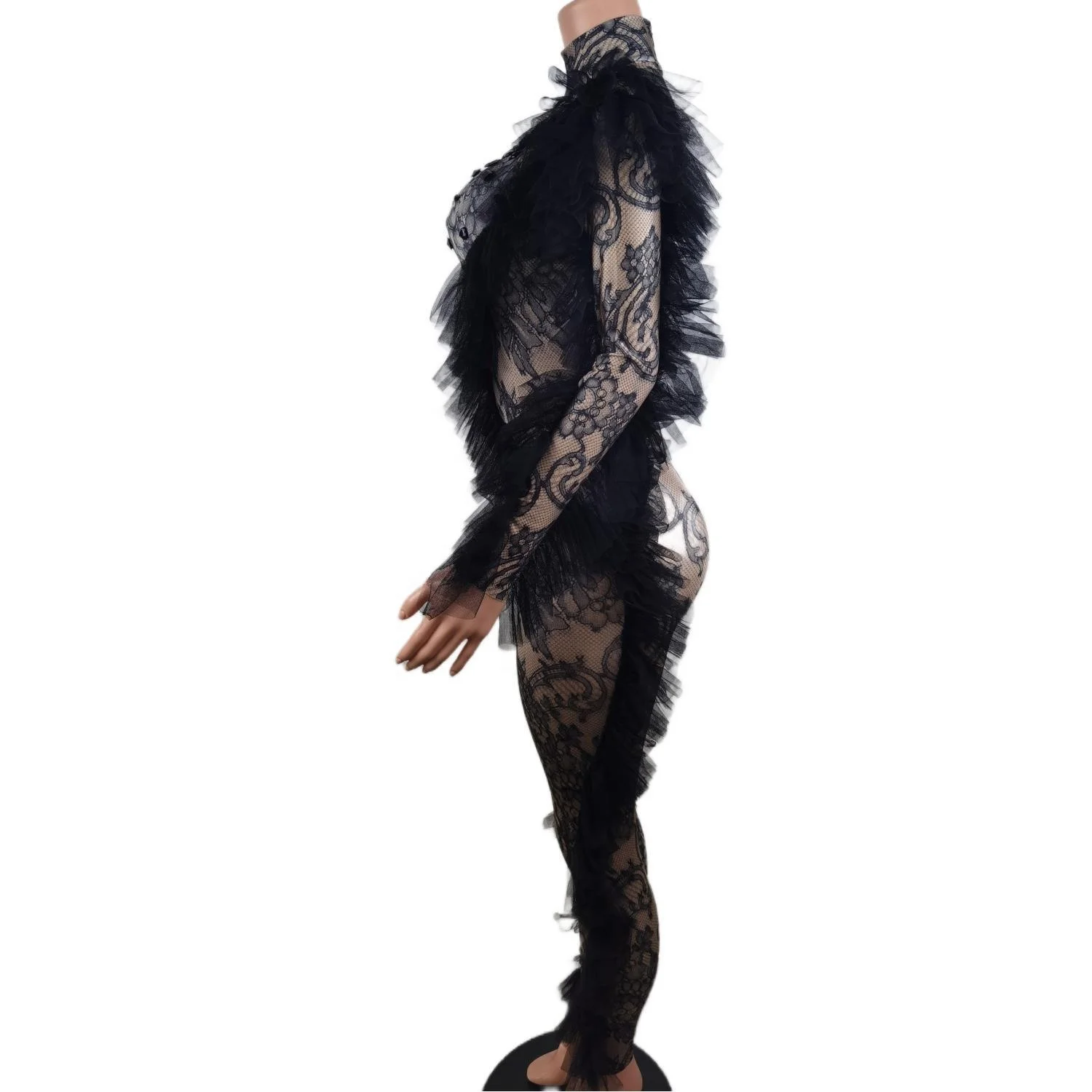 2023 Long Sleeves Black Lace Print Ruffles Bodysuits Photoshoot Exotic Dancer Clothes Women Party Rompers Rhinestone Jumpsuit
