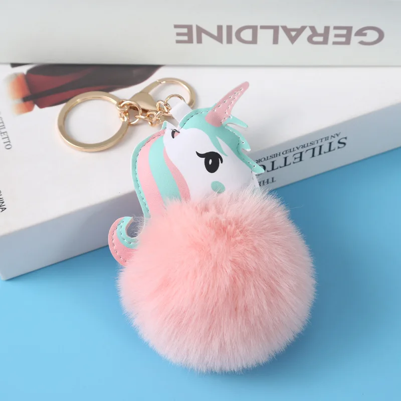 Custom Rabbit Furs Ball Key Chain Pompom Fluffy Fur Unicorn Keychains For Girls