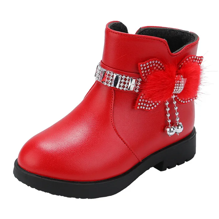 Children cotton boots rhinestone ankle boots princess fashion bow leather boots