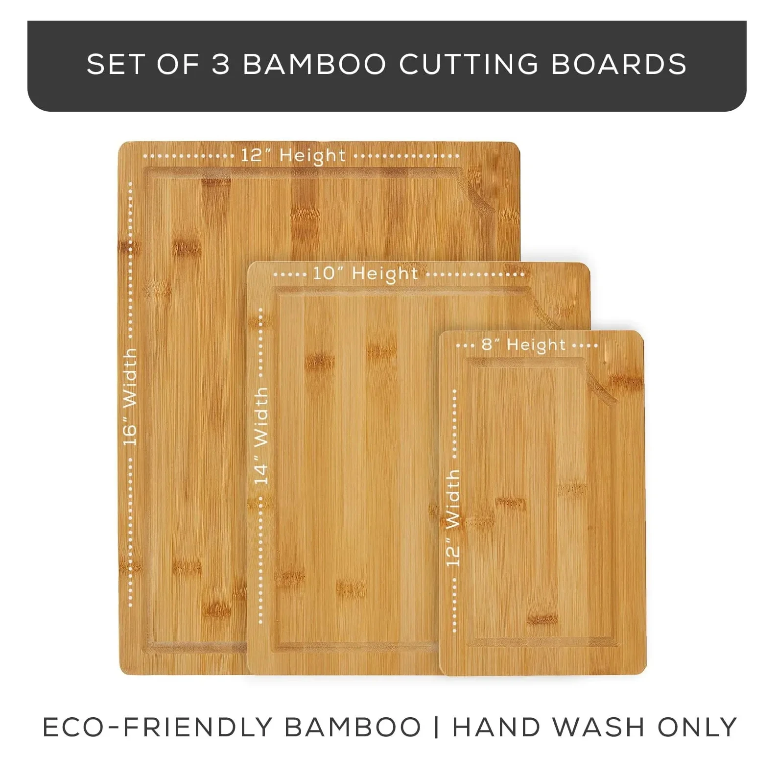 Высококачественный набор из 3 многоразмерных бамбуковых разделочной доски с канавкой для сока