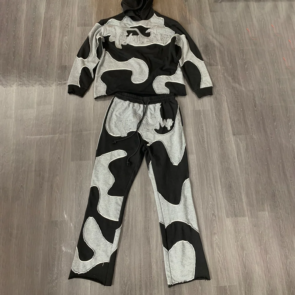 Custom streetwear cut and sew pants distressed embroidery applique patch 100% cotton men sweatpants