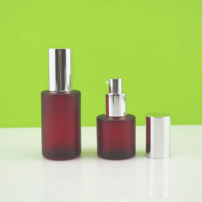 1oz 2.5oz  30ml 50ml frosted red skincare serum cosmetic glass bottle with silver pump
