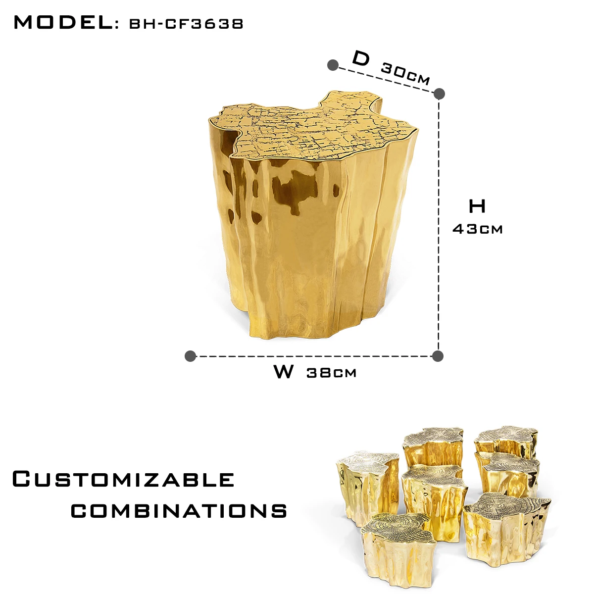 Unique Side Table Set with Polished Casted Brass and Engraved Golden Tree Design