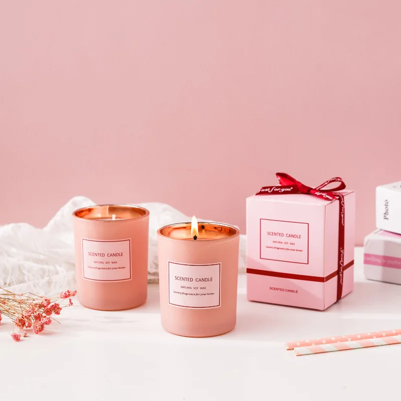 Electroplated Color Spray Glass Cup Aroma Candle Pink Gift Box  Holiday Candles Home Decoration Scented Candles