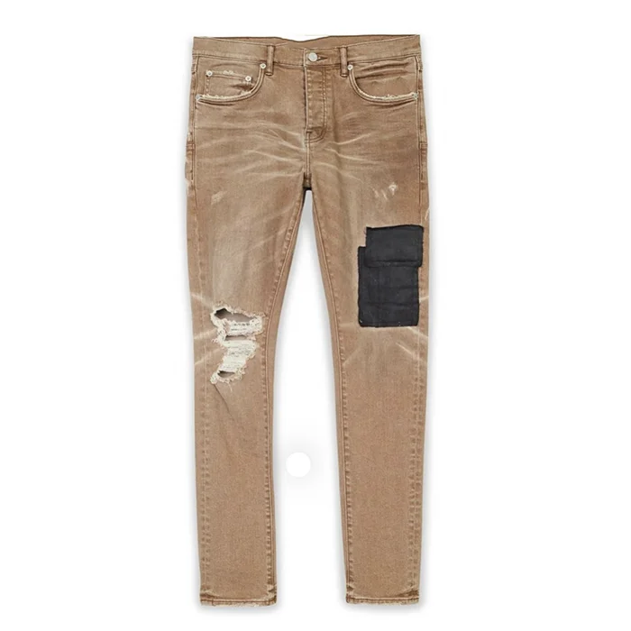 Khaki blue custom boys zig zag distress embroidery design denim jeans for men