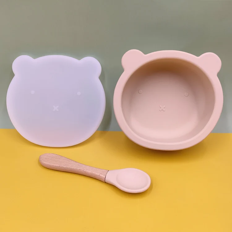 non-toxic non-spill strong suction BABI FOOD BOWL  set feeding bear shape silicone suction bowl with lid and spoon