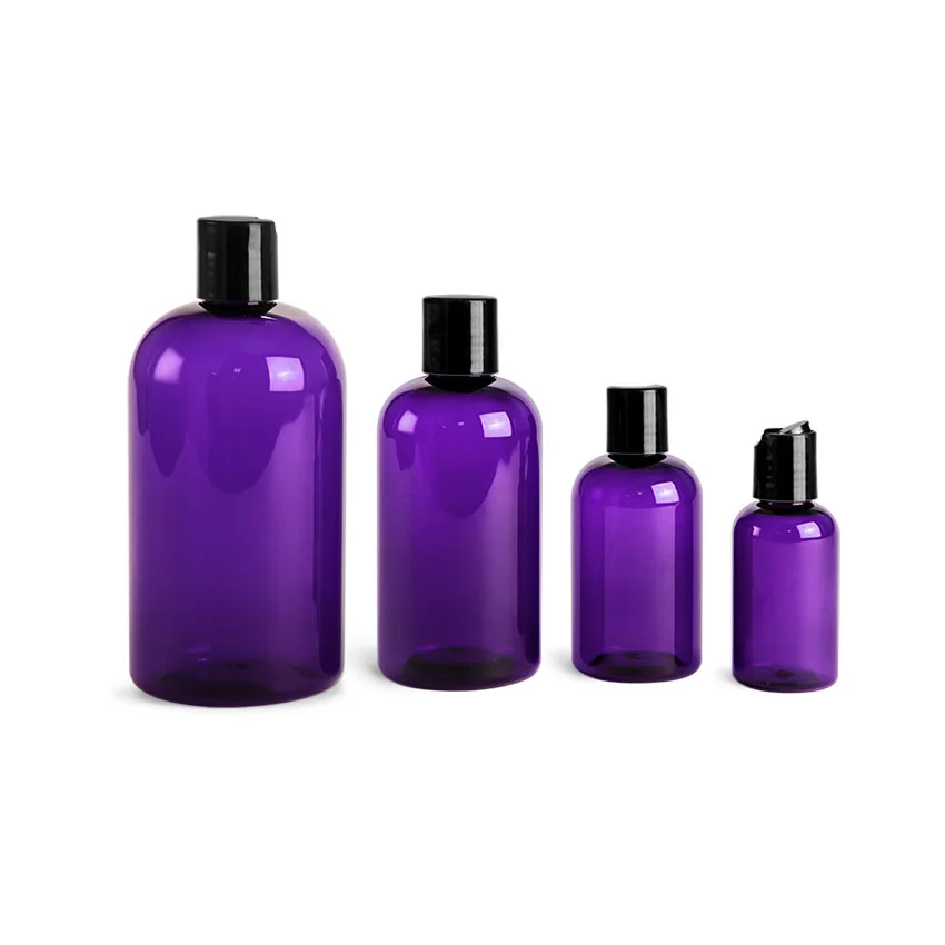 Purple PET Boston Round Bottles with Black Disc Top Caps unique plastic bottle