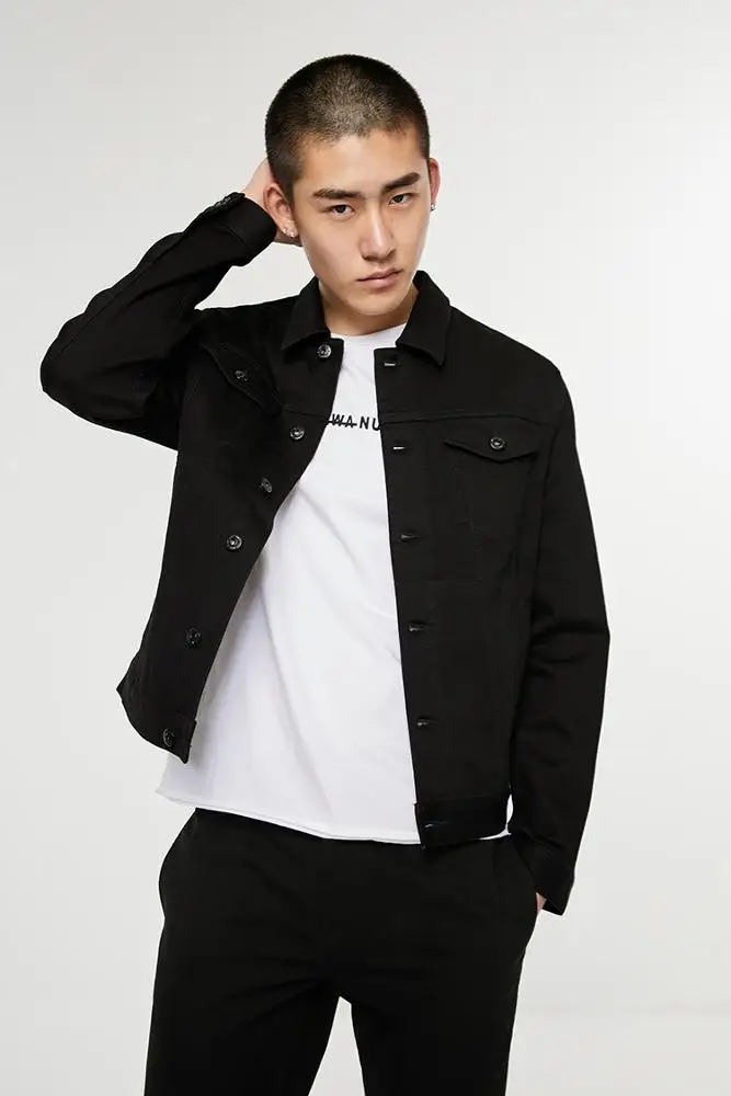 Black Cotton Button Closure Mens Jean Jacket,Jean Jacket Denim