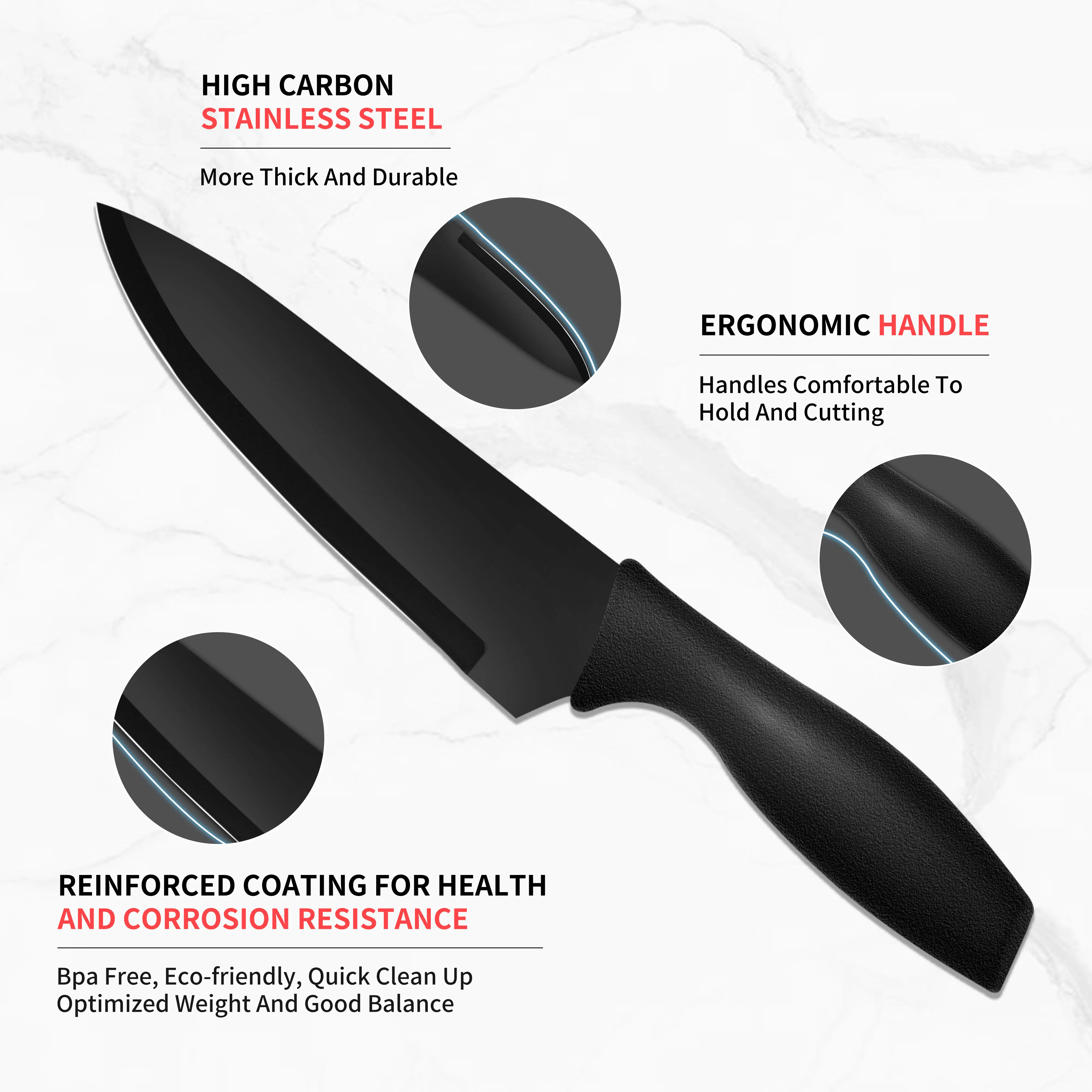 Wholesale 7 pcs Black Chef Knife Kitchen Shear Stainless Steel Kitchen Scissors Kitchen Knife Set With Plastic Cover