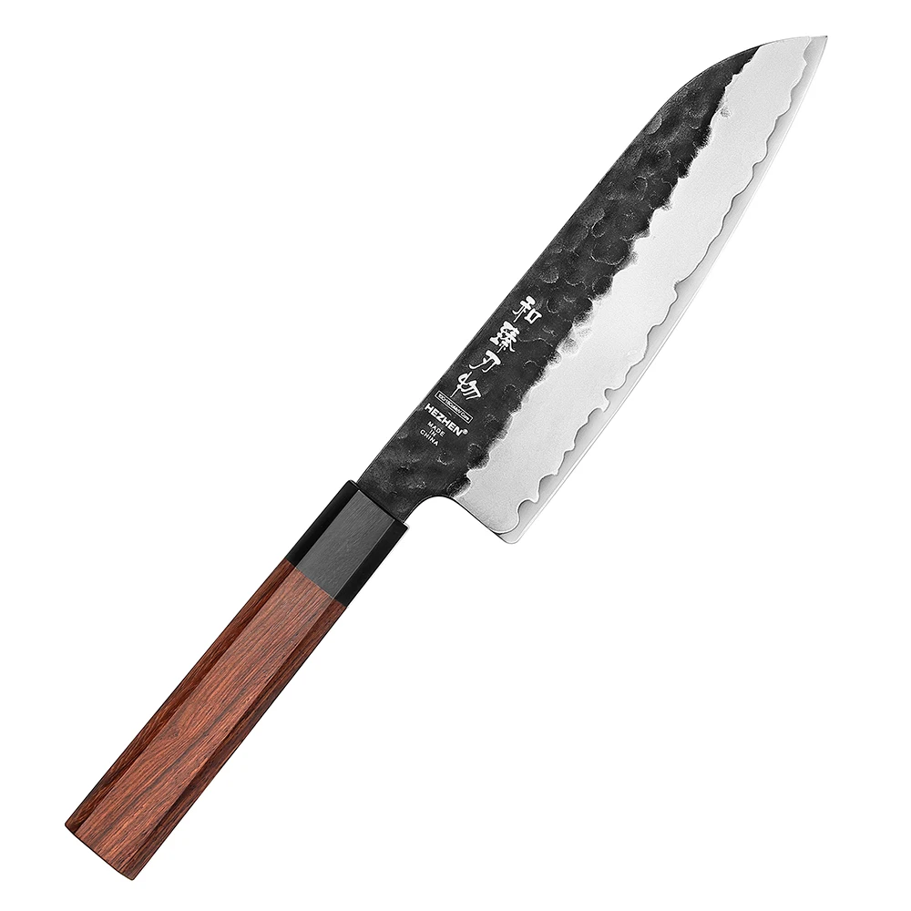 7 Inch Kitchen Santoku Knife Cutting High Carbon 10cr Clad Stainless Steel Red Wood & Buffalo Horn Classic Knives Gift