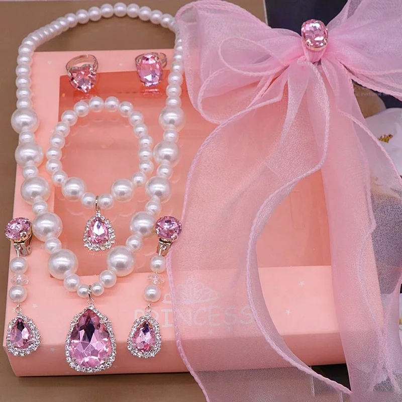 Princess Crystal Diamond Necklace Bracelet Heart Ring Long Streamer Hair Clip Hair Accessories Sets Gift For Girls