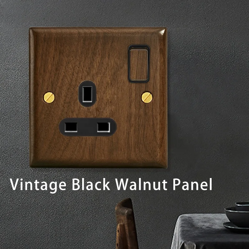 Sockets and switches electrical with Solid wood panel Brass Toggle UK British standard 13A toggle rocker