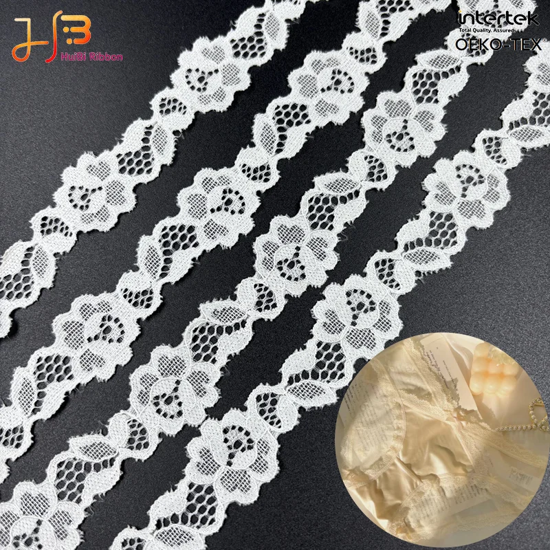 1515 Classic Floral Stretch Lace Trim wide Elastic Spandex Nylon Mesh Knitted White Black Lace Fabric for Lingerie Bra Dress