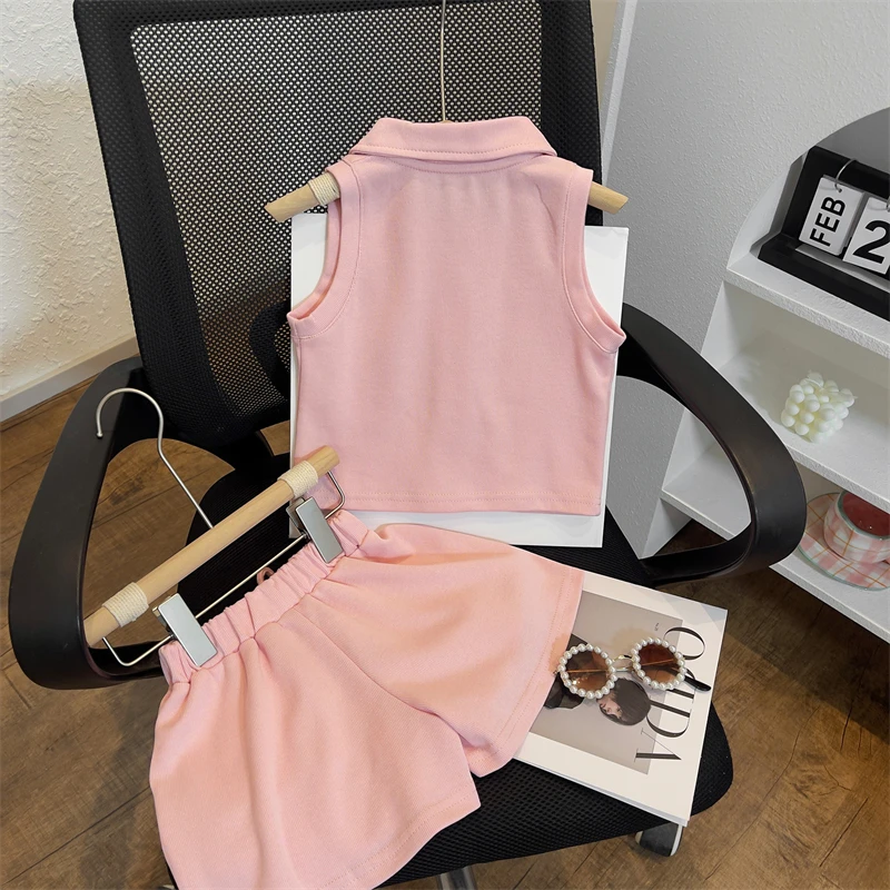 Conyson Korean New Children 2023 Summer Pink Lapel New Girls Cute Soft Cardigan Sleeveless Baby Shorts Kids Two-piece Girl Set