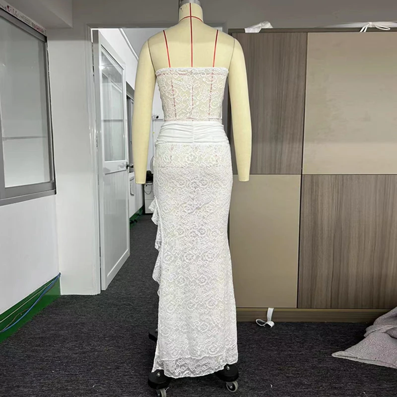 Channel 2024 Summer Sexy See Through 2 Piece Long Skirt Set For Women Floral Bandeau Strapless Lace Top Split Maxi Skirt Outfits