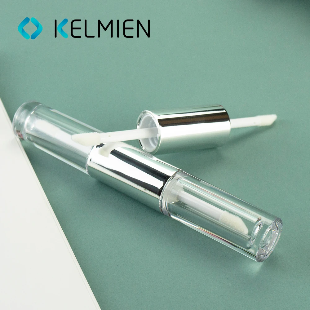 Double-end lip gloss tube container transparent plastic liquid lipstick tube and Injection bottle with brush cosmetic packaging