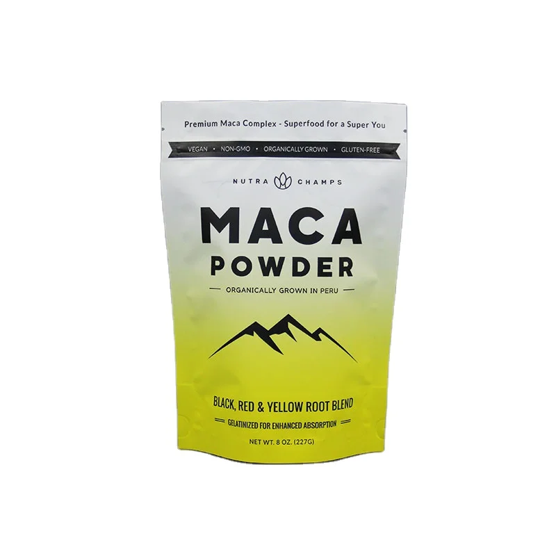 custom printed plastic bag jerky 8oz maca powder 227g black red yellow root blend mylar packaging food nuts stand up pouch
