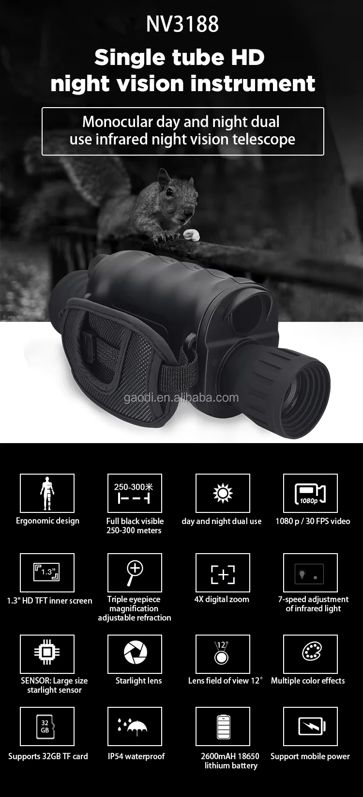 Monocular Night Vision 4X Digital 3MP 1080P Long Range Telescope With Camera IP54 Waterproof