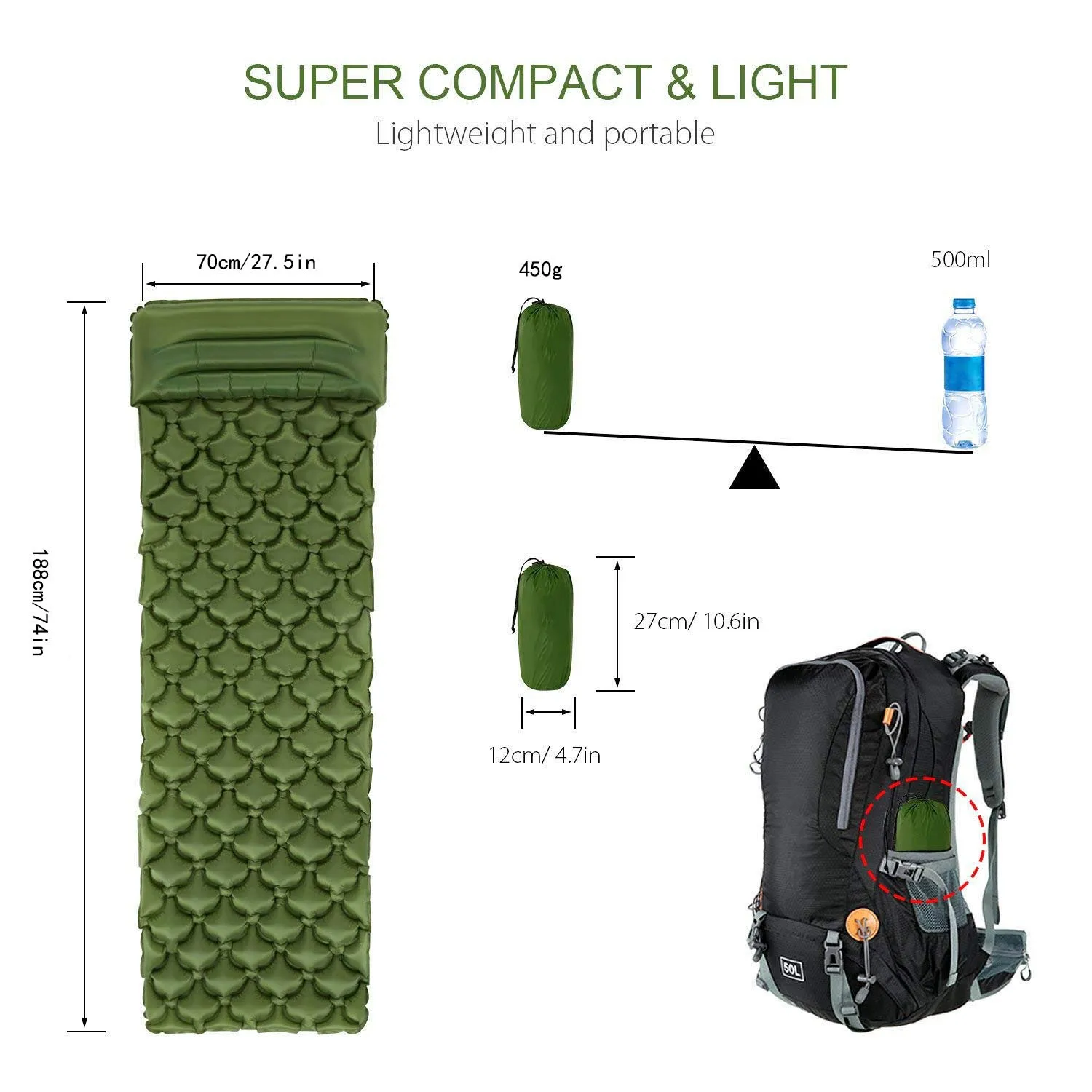 2022 Camping Backpacking Compact Ultralight Sleeping Air Pad Insulated Inflatable Camping Mat Sleeping Pad With Pillow