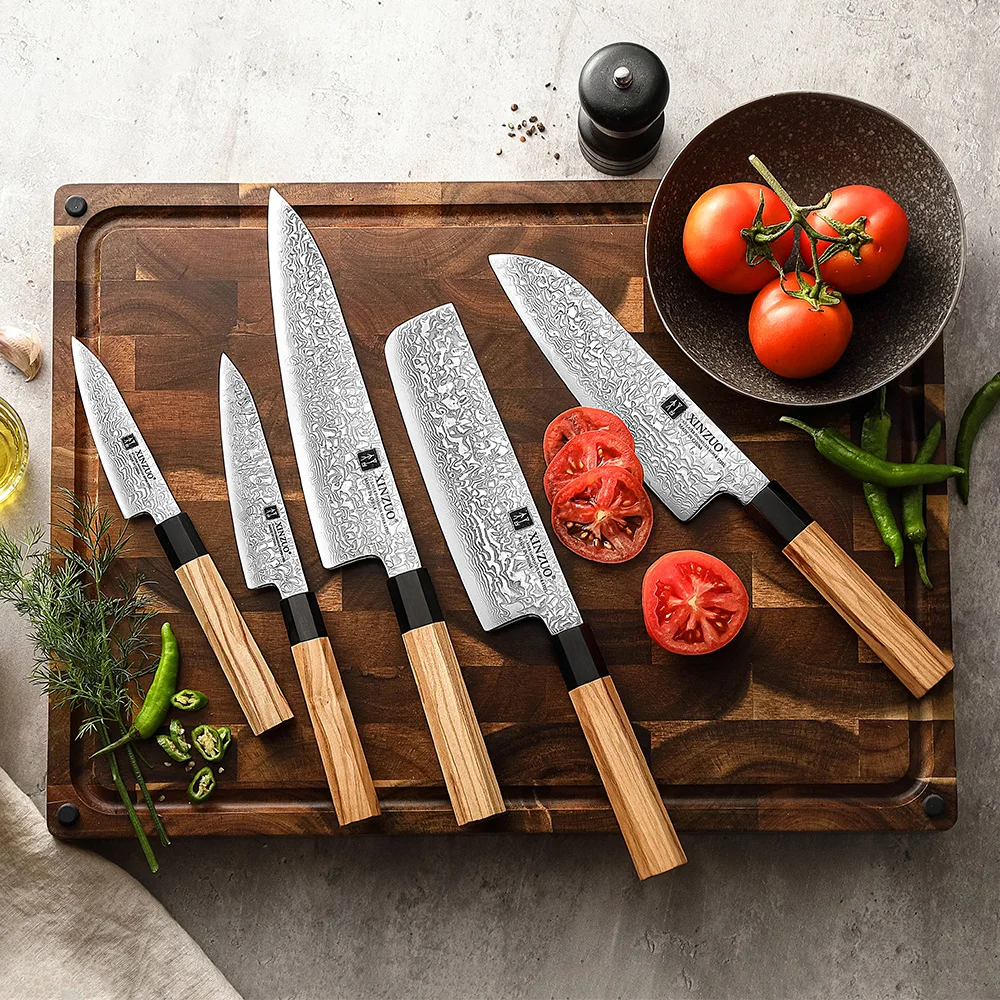 Damascus Steel Kitchen Knife Set Japanese Octagonal Olive Wood Handle Custom Chef Knives
