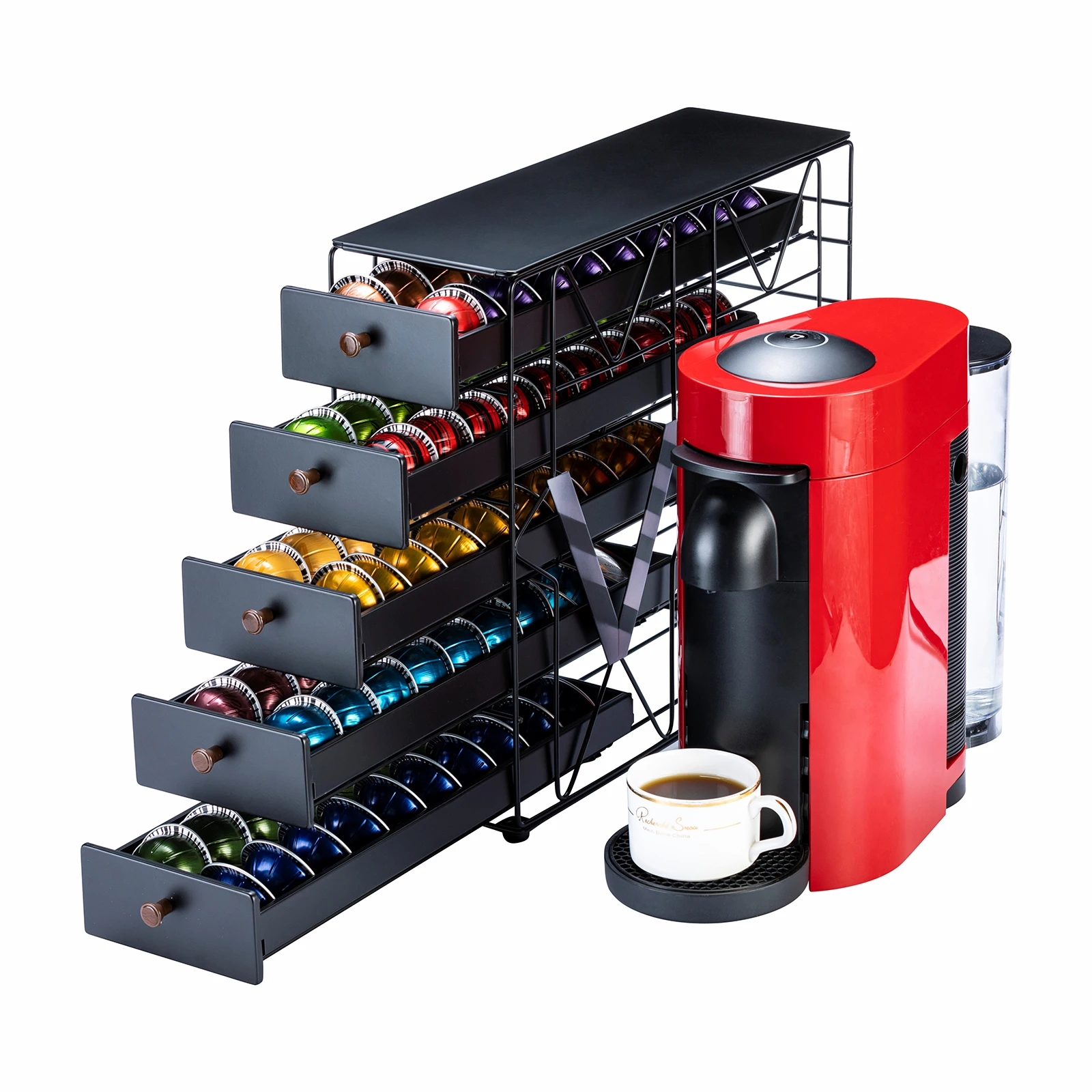 New England Stories 5-Drawer Metal Storage Small Capacity 100 Capsules Glass Holder Compatible Nespresso Vertuo Coffee Kitchen