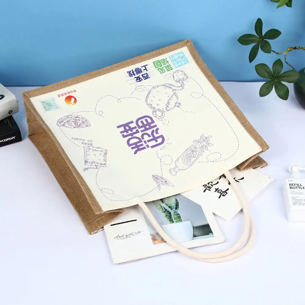 Jute with canvas mix fabric Custom Material Natural Reusable Eco Friendly UV digital printing Daily Handbags Tote bag