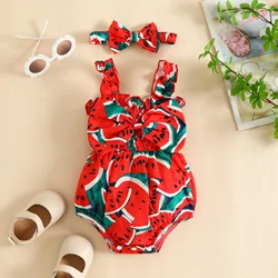 New Summer Baby Clothes Watermelon Print Shoulder Strap Triangle Romper Sleeveless Baby Rompers with Bow Headband