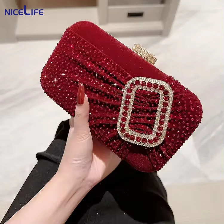 2024 Elegant Red Square Button Rhinestone Clutch Bag Single Strap Vintage Dress Style Handbag Female Party Dinner Evening Bags