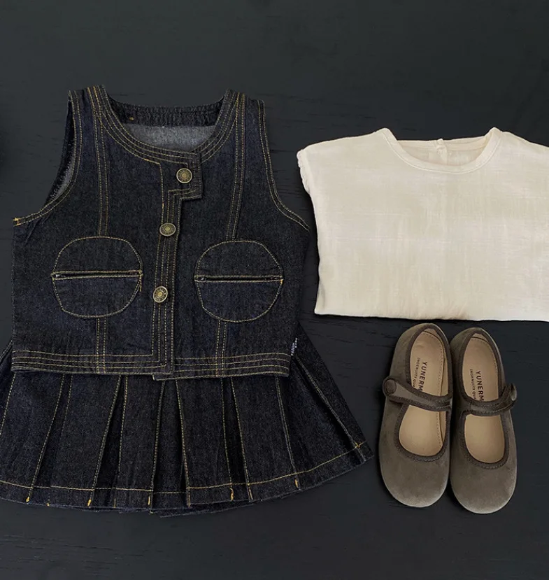 Yumi 2023 Autumn Girls Crewneck Pocket Denim Pleated Skirt Set Casual Solid Pattern Three-Piece Fashion Shirt Set to Wear