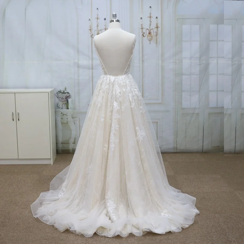 
Elegant Vestido De Renda Lace Long Sleeve Wedding Dress Open Back A Line Bridal Gowns 