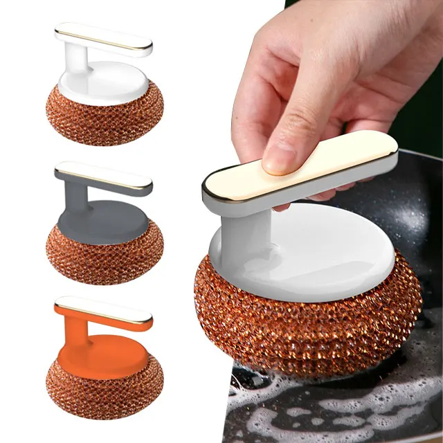 Kitchen Mesh Scrubbers with Handle Easy Grip Pot Round Dish Wash Scrubbers Mesh Scouring Pads Mesh Scourer for Tough Cleaning