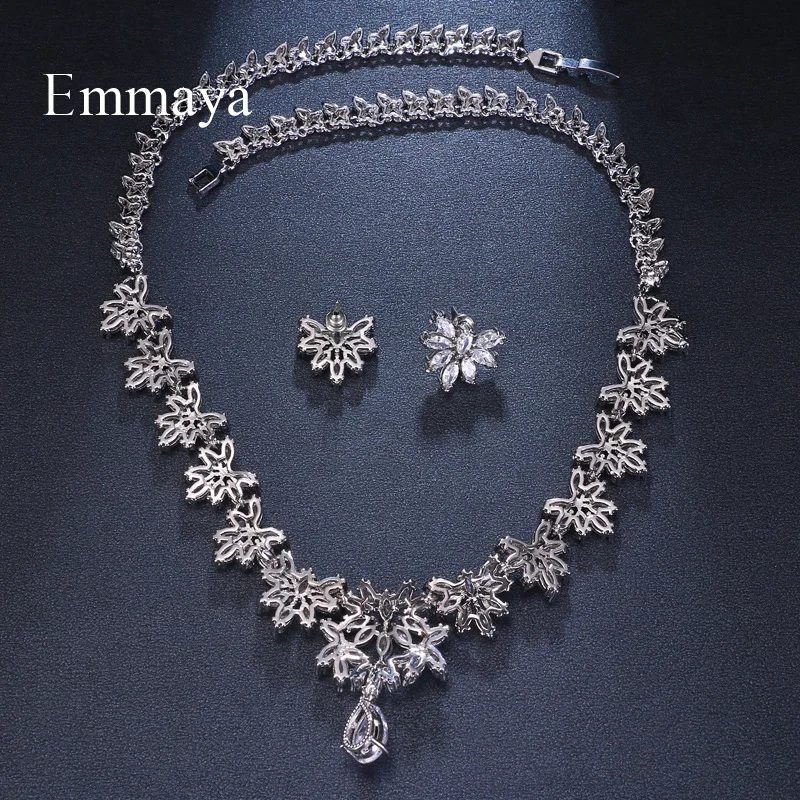 Новая европейская мода циркон серьги-подвески с цветочным украшением из чистого ожерелье набор Выходные туфли на выпускной для женщин свадебный комплект ювелирных изделий