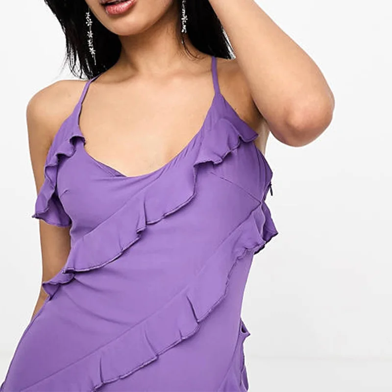 Custom Lady Elegant Sexy Dress Purple Cross-back Straps Tiered Ruffle Slit Vacation Women Midi Dress