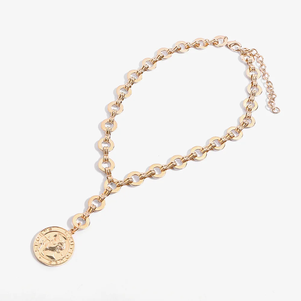 European and American exaggerated alloy manual chain head coin pendant necklace for women fashion jewelry