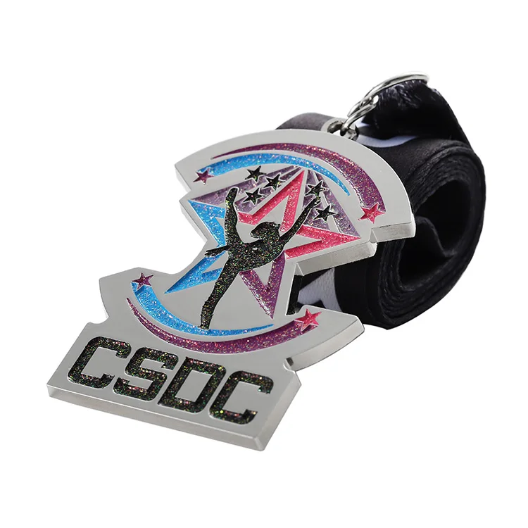 Manufacturers personalized soft enamel zinc alloy powders designs glitter effect dance competition silver medal