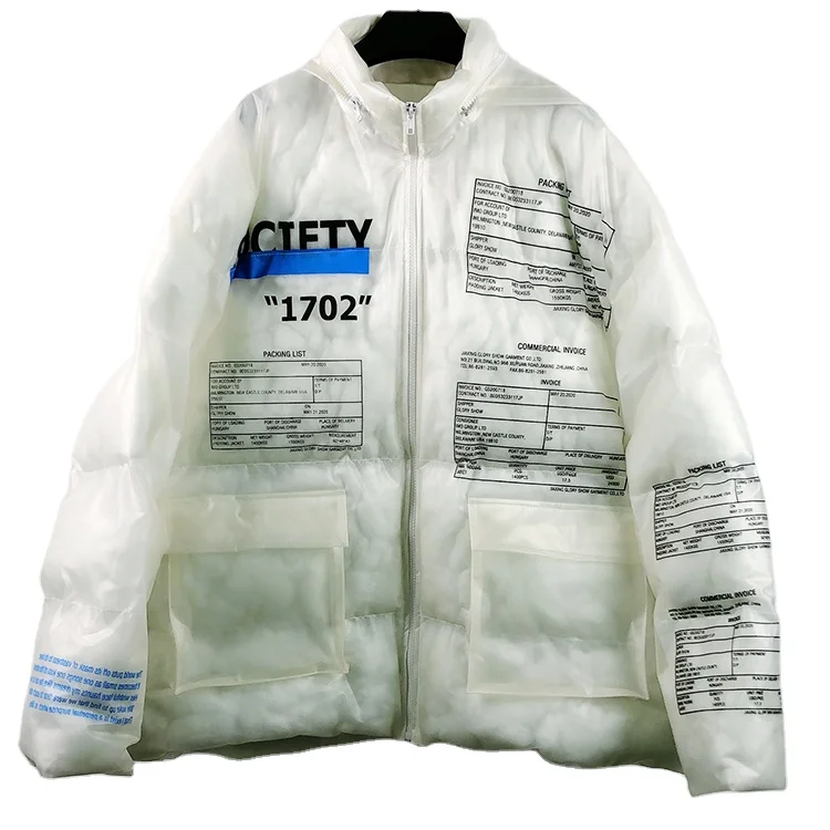 Unisex Men and Women Oversized Transparent TPU Fabric Faux Puffer Down Jacket Custom Logo