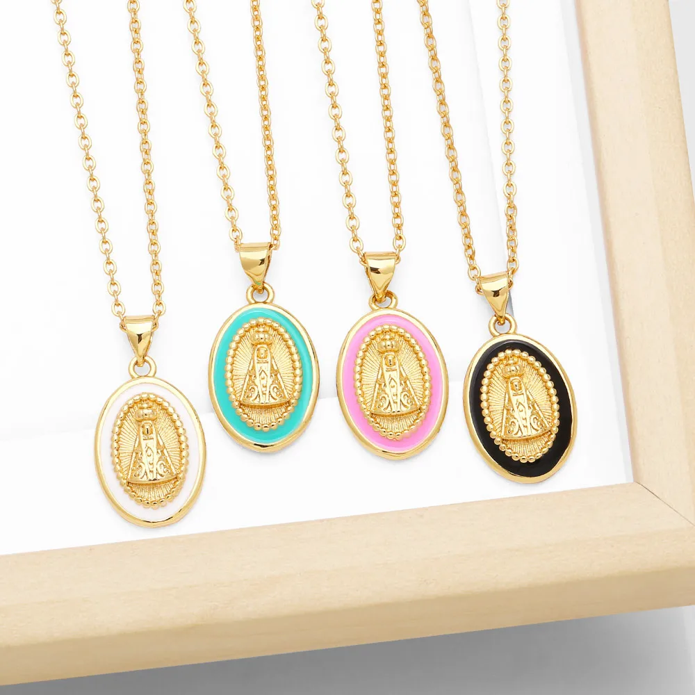 Enamel Colorful Virgin Mary Necklaces 18K Gold Plated Our Lady of Aparecida Necklaces for Women Fashion Jewelry