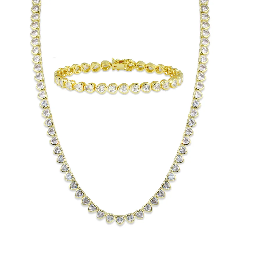 3MM Cluster Heart Tennis Chain Bracelet Necklace 5A CZ Fashion Women Wedding Gift Jewelry Set