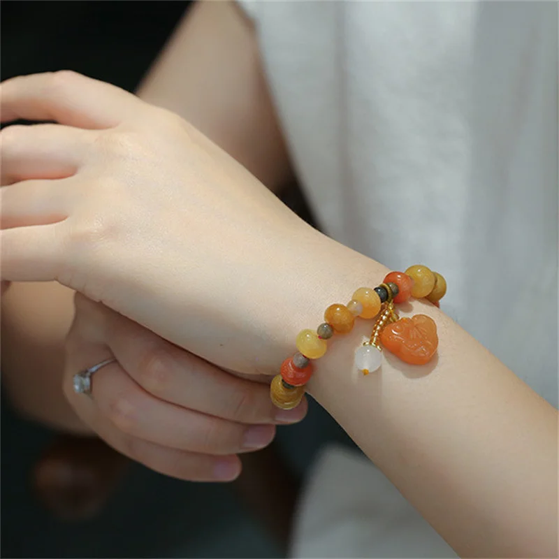 Natural Gold Silk Jade Beaded Bracelets for Women Handmade Vintage Jewelry Female Safety Lock Pendent Chinese Jade Bracelet