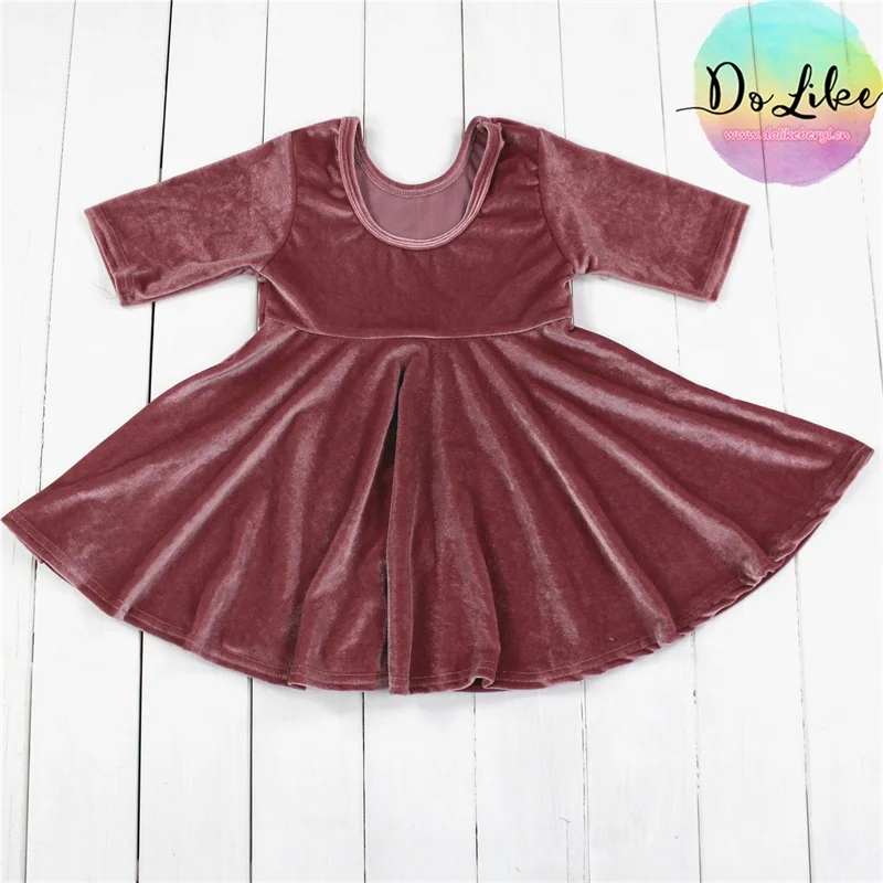Cute wholesale baby clothes pink velvet ruffled sleeve twirl dress boutique baby girls dress beautiful