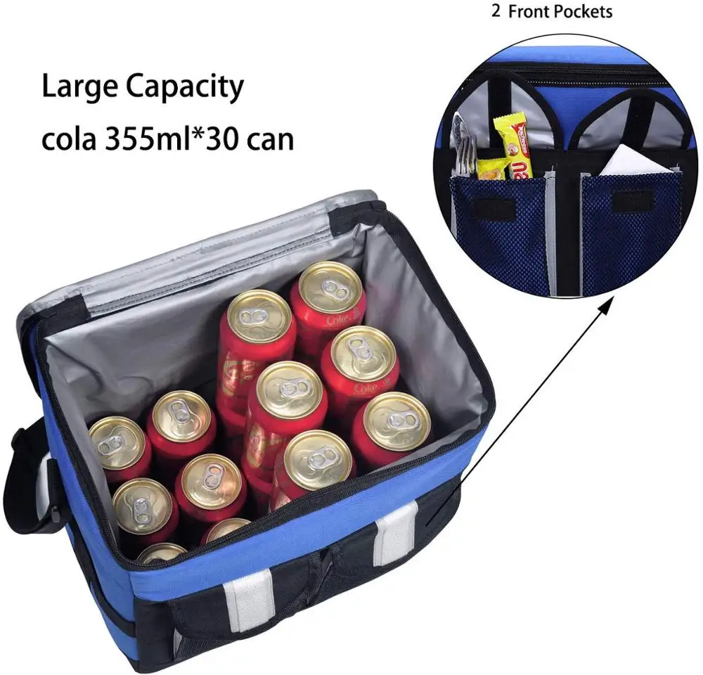 30Cans Collapsible Soft Cooler Bag Insulated Picnic Lunch Bag for Adult, Men, Women, Leakproof Liner, Blue, Large